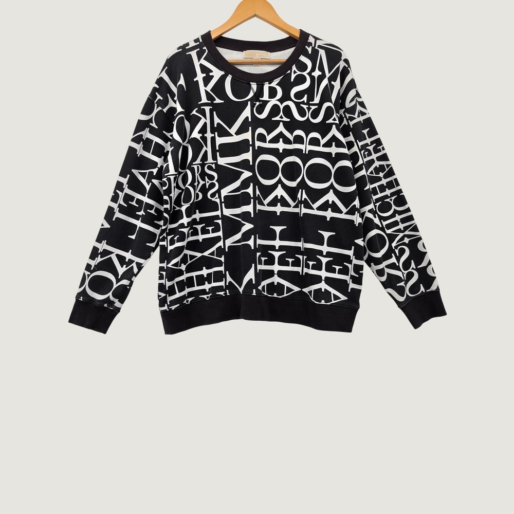 Michael Kors Mens XL Sweatshirt Black White Logo Print Crewneck Pullover Top